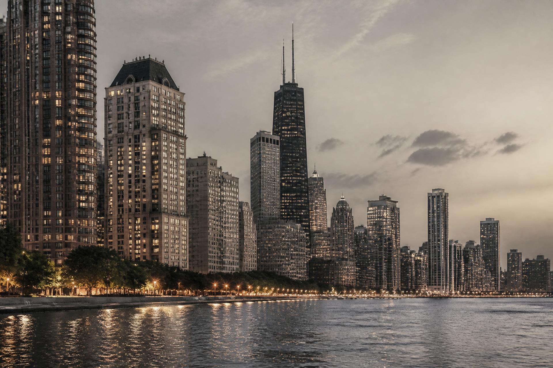 Chicago Gold Coast skyline at dusk from the Lake Michigan shoreline