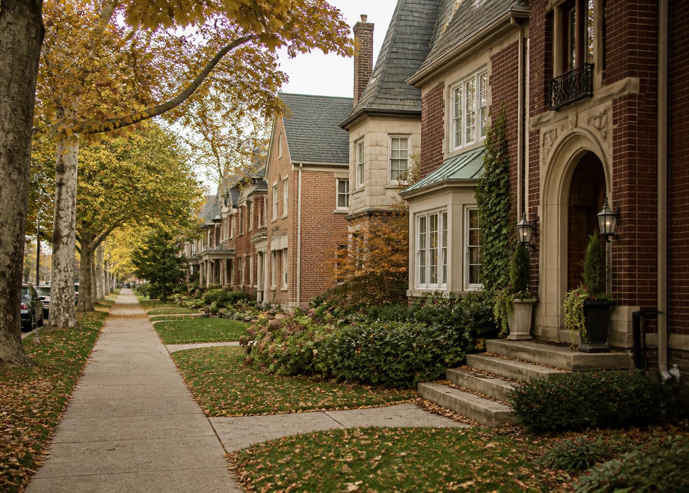 Historic brick homes on a tree-lined north suburban Chicago street